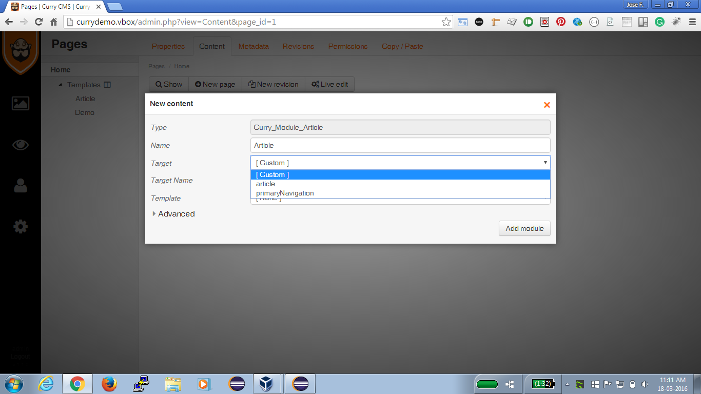 Attach module dialog